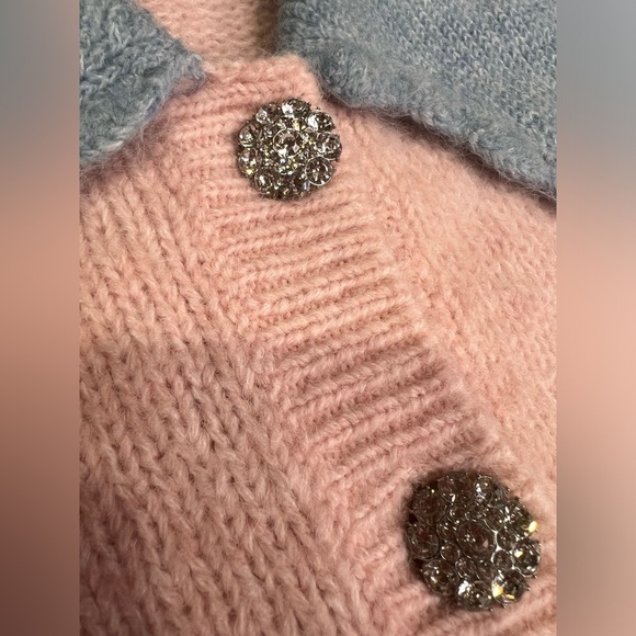 Zara Wool Alpaca Blend Contrast Collar Sweater Front Jewel/Rhinestone Button Med - Picture 7 of 13